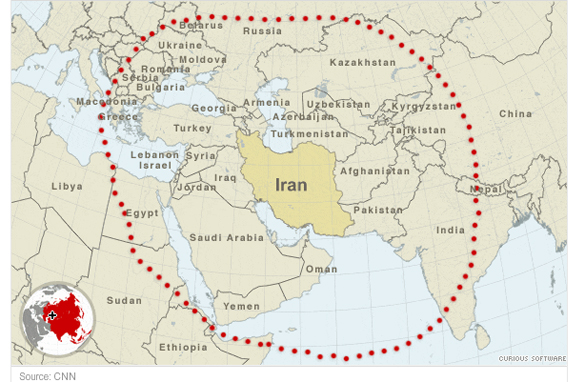 Raza de actiune a rachetelor iraniene / Iran’s missile range map