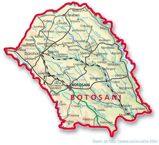 Judetul Botosani – Harta relief, localitati si rutiera